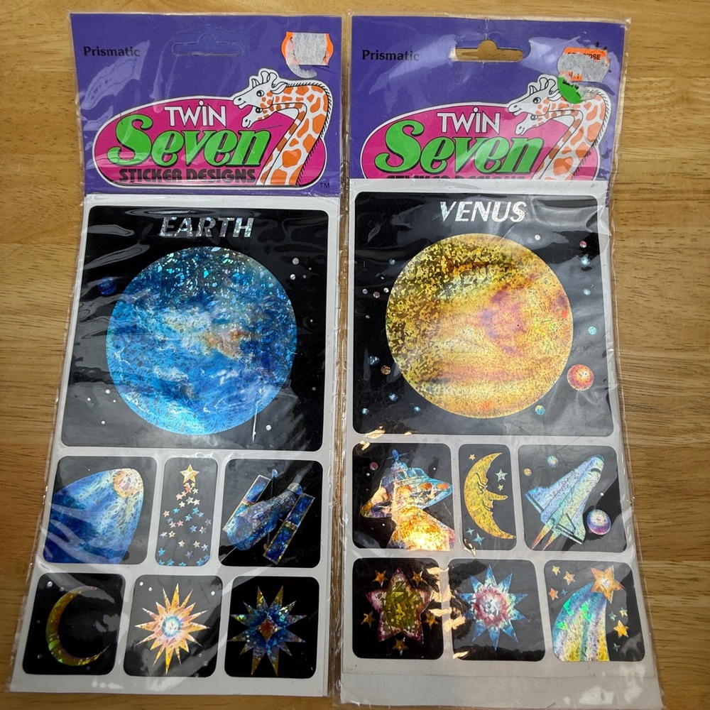 Vintage Twin Seven Prismatic Sticker Sheets Earth Venus Space Holographic 2ct